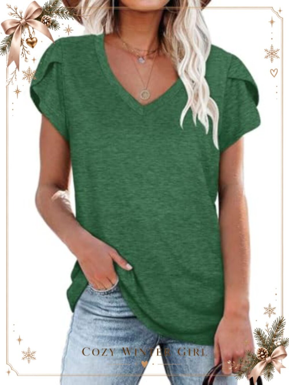 Women's V Neck Tulip Sleeve Casual Solid T-Shirt Loose Fit